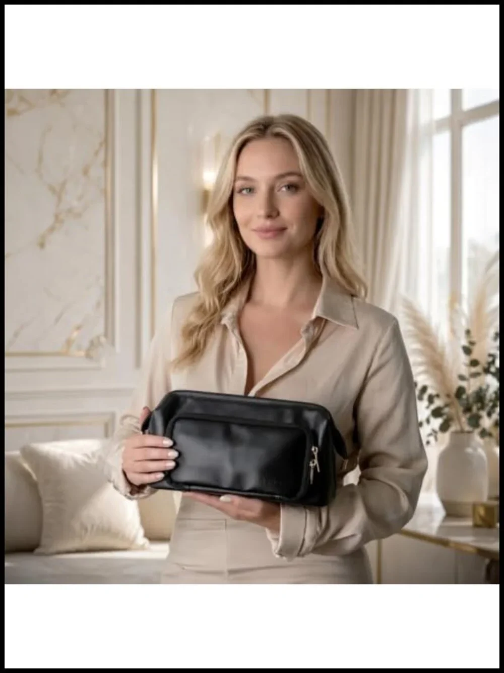 PU Leather Makeup Bag with Brush Compartment, Travel Cosmetic Case, Large